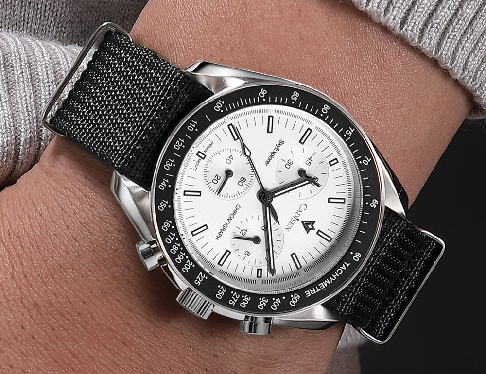 CADISEN Men's Luxury Watch – Quartz VK68 Chronograph, Sapphire AR Crystal, Canvas Strap Speed Style Wristwatch