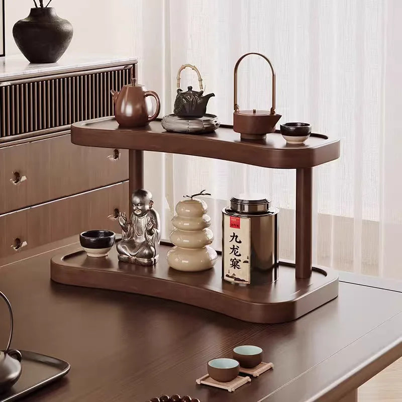 2-Tier Bamboo Makeup & Cup Organizer – Wooden Vanity Rack for Coffee Mugs, Counter & Kitchen Storage