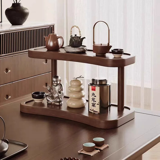 2-Tier Bamboo Makeup & Cup Organizer – Wooden Vanity Rack for Coffee Mugs, Counter & Kitchen Storage