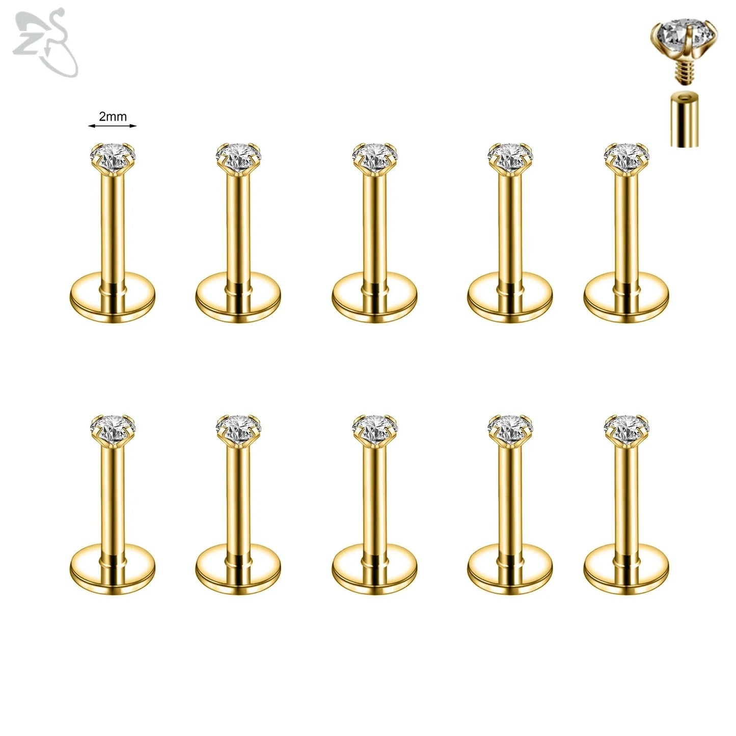 AOEDEJ 10PCS Gold Stainless Steel Labret Lip Studs – 16/18G CZ Crystal Helix, Cartilage & Tragus Piercings (2–6mm)