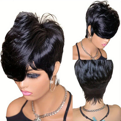 Pixie Cut Human Hair Wig for Women – Short Layered Wig with Bangs, Brazilian Real Full Machine-Made Hair Replacement