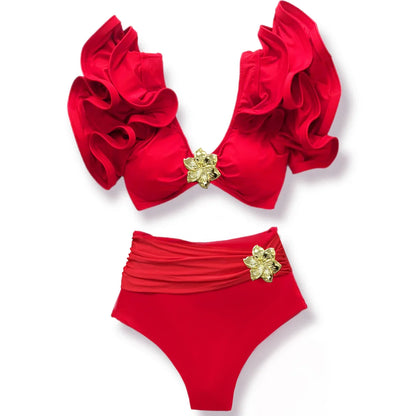 Sporlike V-Neck Ruffled Bikini Set – High Waist Sexy Printed Two-Piece Swimsuit for Women 2025