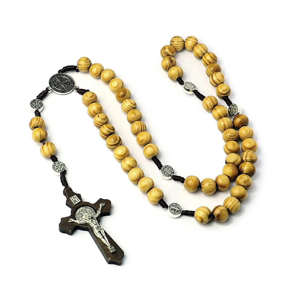 10MM Wood Bead Rosary Cross Necklace – Christian Virgin Mary INRI Pendant Chain for Men & Women Religious Jewelry