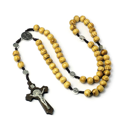 10MM Wood Bead Rosary Cross Necklace – Christian Virgin Mary INRI Pendant Chain for Men & Women Religious Jewelry