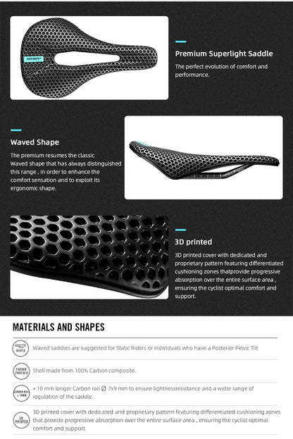 RYET 3D Printed Carbon Bike Saddle — 140/143mm Lightweight Road & MTB Cycling Seat with EVA Cushion