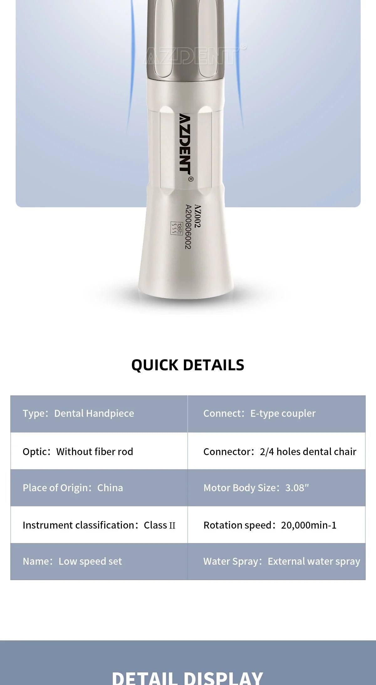 AZDENT Dental Low Speed Handpiece 1:1 Contra Angle – Push Button for ø2.35mm CA Burs, 2/4 Holes, Air Motor