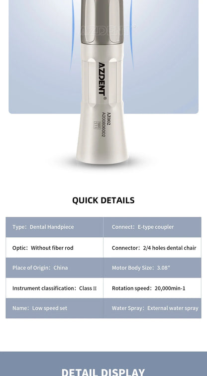 AZDENT Dental Low Speed Handpiece 1:1 Contra Angle – Push Button for ø2.35mm CA Burs, 2/4 Holes, Air Motor