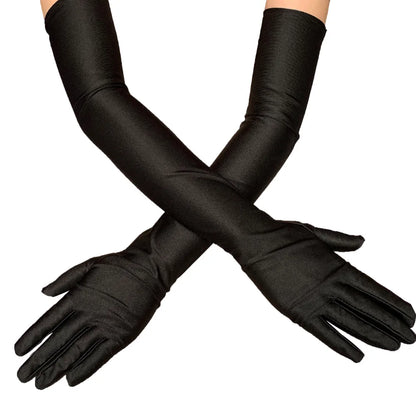Classic Satin Long Stretch Gloves for Women – Opera, Elbow & Wrist Length Costume Gloves in Black, White, Red & Grey for Parties & Flapper Style