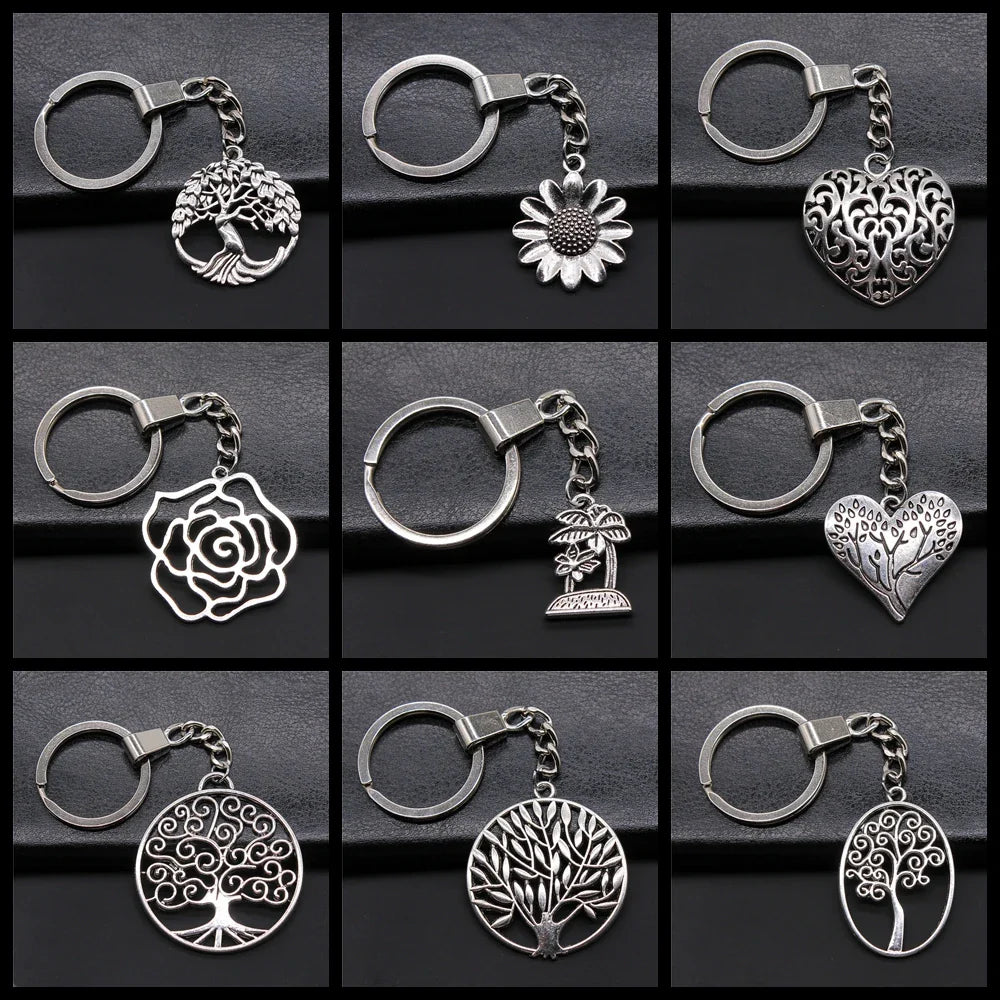 New Fashion Men 30mm Metal Alloy Keychain with Vintage Heart, Flower, Rose, Sunflower & Tree Pendant DIY Keyring Holder Chain Accessory