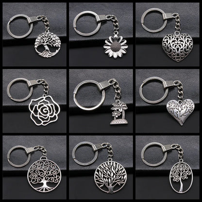 New Fashion Men 30mm Metal Alloy Keychain with Vintage Heart, Flower, Rose, Sunflower & Tree Pendant DIY Keyring Holder Chain Accessory