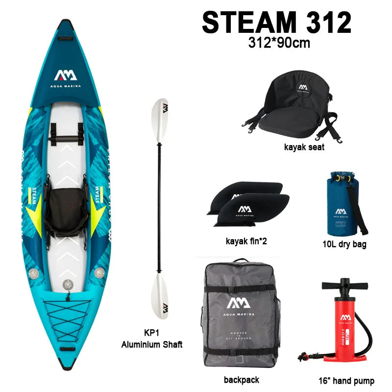 AQUA MARINA STEAM Inflatable Sport Kayak – 1-2 Person PVC Canoe Dinghy Raft with Pump, Seat & Drop Stitch Floor