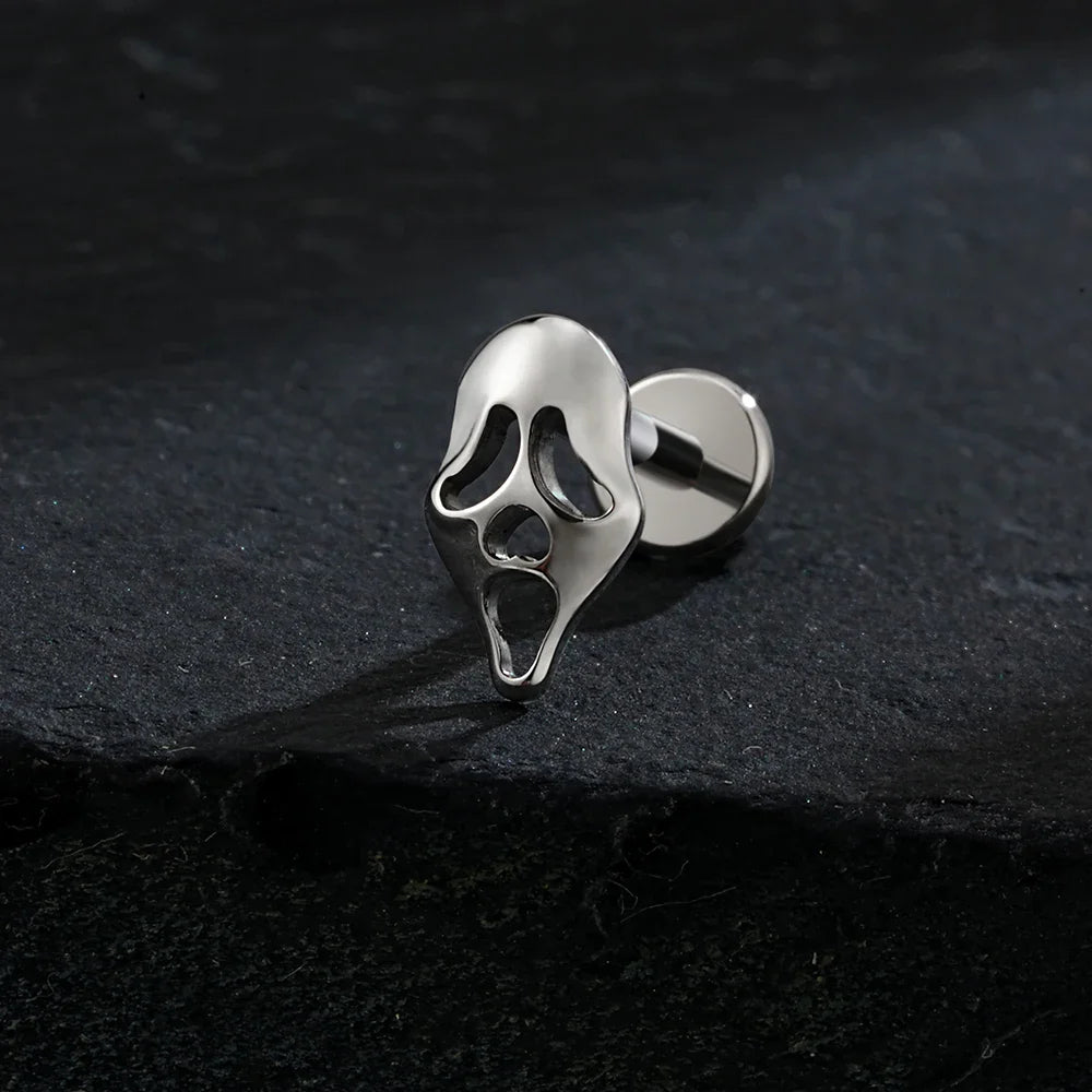 Right Grand ASTM F136 Titanium 16G Ghost Face Flat Back Earring – Halloween CZ Cartilage Stud for Helix, Labret & Nose Piercing Jewelry