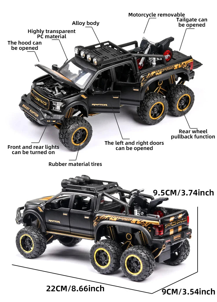 1:24 Diecast F150 Raptor Pickup Truck — Metal Model Car with Sound & Light for Kids Age 3+, Blue