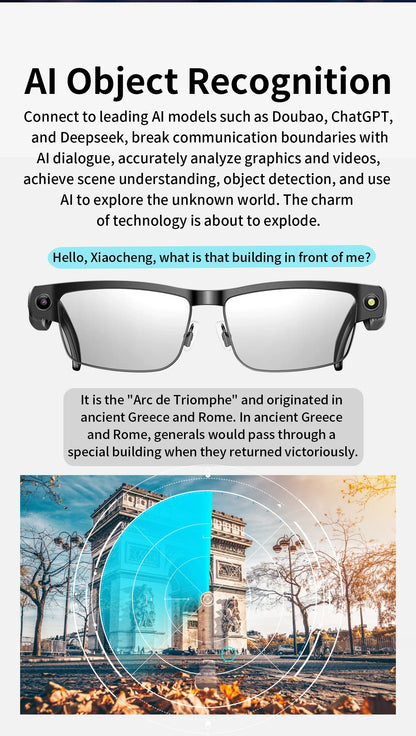 AI Smart Camera Glasses — 8MP with Bluetooth for Calls & Music, Object Recognition, and AI Translation