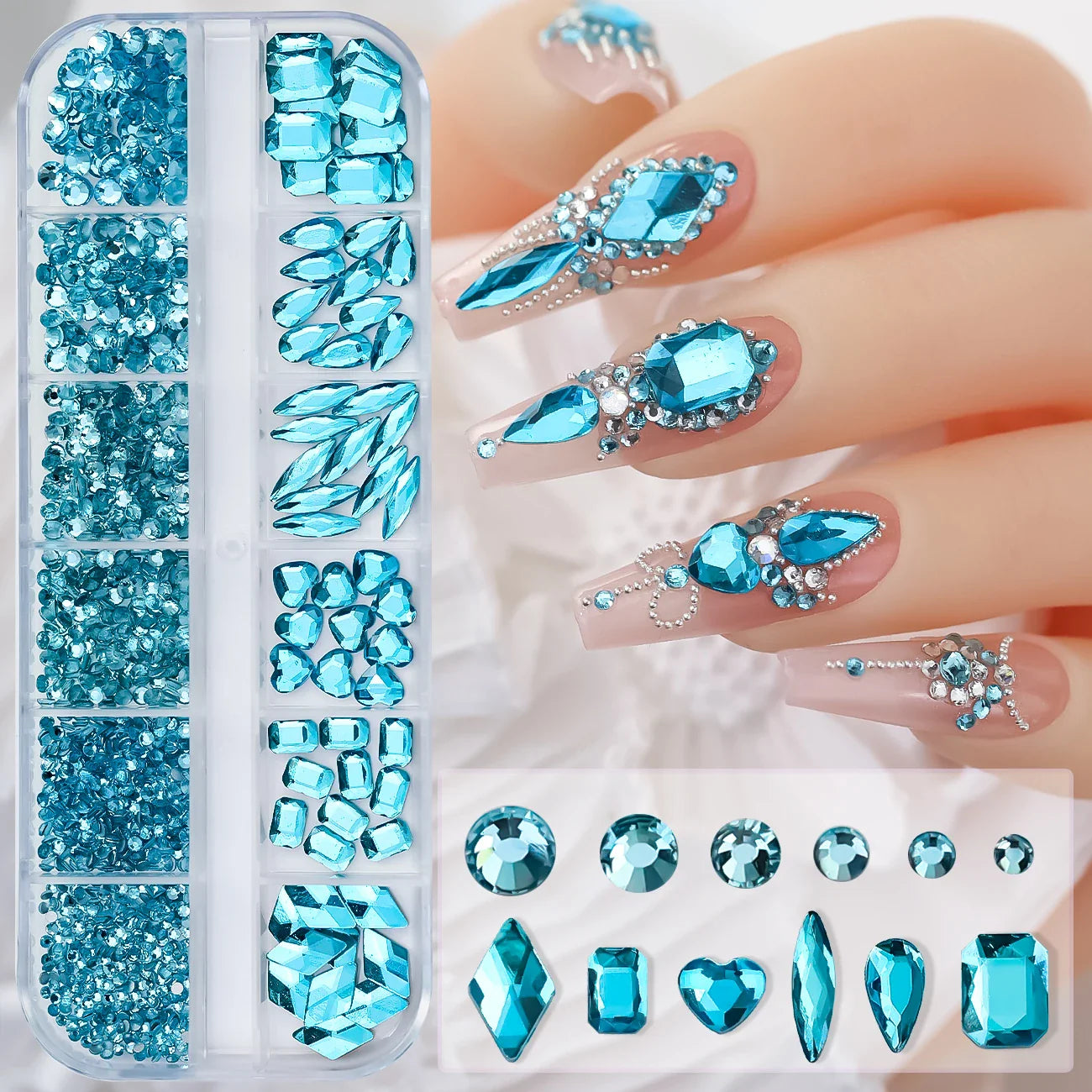12-Grid 3D Glass AB Crystal Nail Art Rhinestones Kit – Flatback Round Beads with Tools for Nail Jewelry & Diamond Decoration