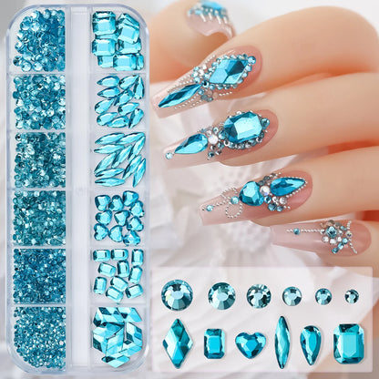 12-Grid 3D Glass AB Crystal Nail Art Rhinestones Kit – Flatback Round Beads with Tools for Nail Jewelry & Diamond Decoration