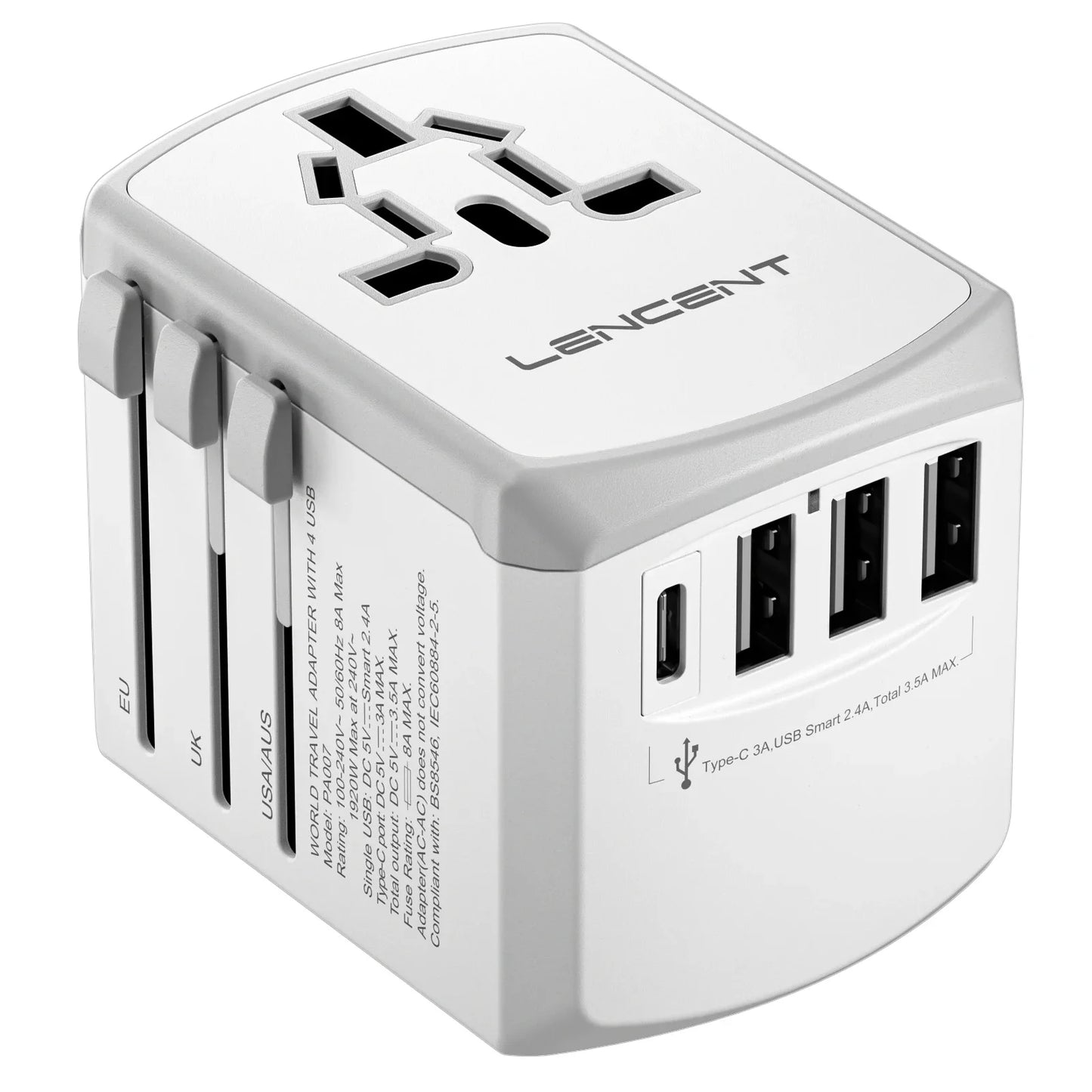 LENCENT International Travel Adapter - All-in-One Wall Charger with 3 USB Ports and 1 Type-C, for US, EU, UK, AUS Travel