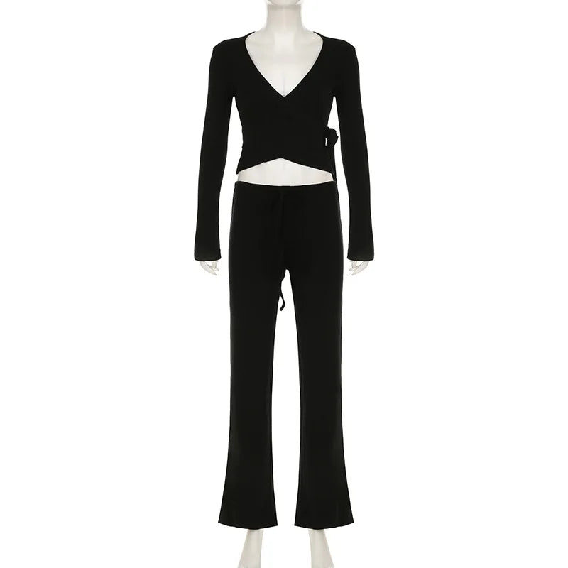 Apprabant Women’s Casual Fashion Set – Drawstring High-Waist Trousers with Plush Loose Pants and Lace-Up Flared Sleeve V-Neck Top
