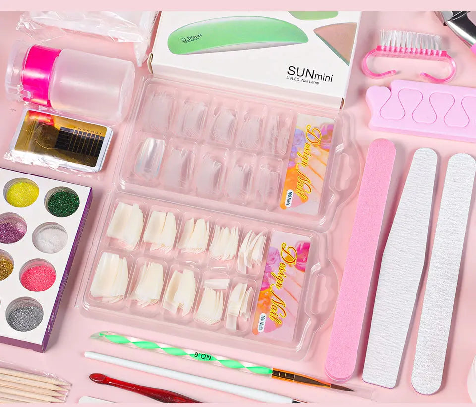 Nail Acrylic Powder and Liquid Monomer Kit – Crystal Nail Glitter, 3D Nail Tips, Carving Tools for Nail Art Decoration