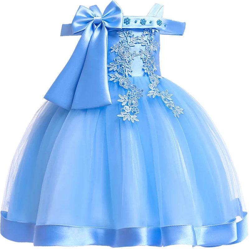 Girls’ Christmas Party Dress - Elegant Appliqué Flower Bow Gown for Weddings, Birthdays & Prom Ages 3–10