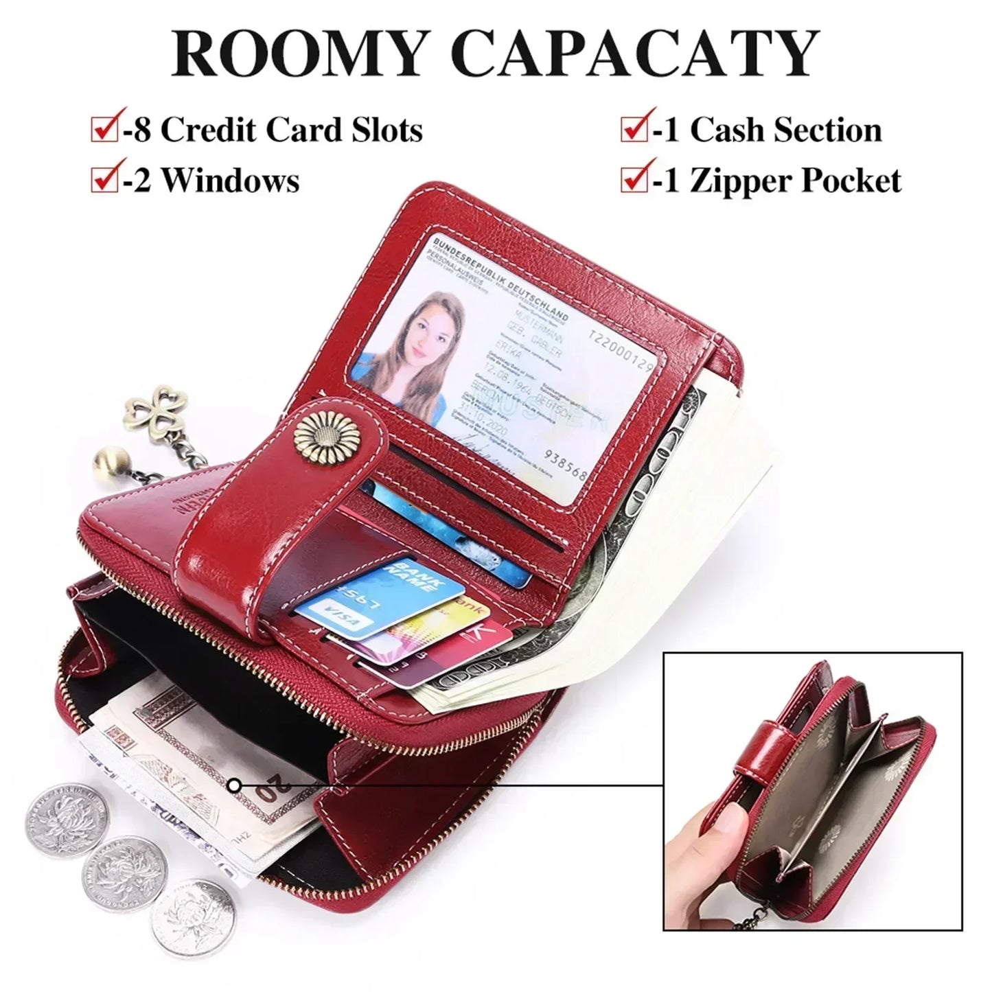 Genuine Leather Short Wallet for Women — Slim Hasp & Zipper Mini Purse, Portable Coin & Card Holder