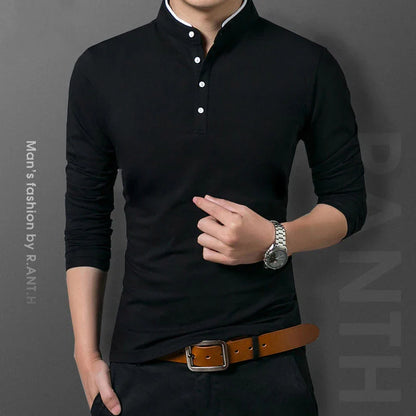 Men's Business Casual Long Sleeve Polo T-Shirt - Comfortable and Breathable Solid Cotton Top for Summer