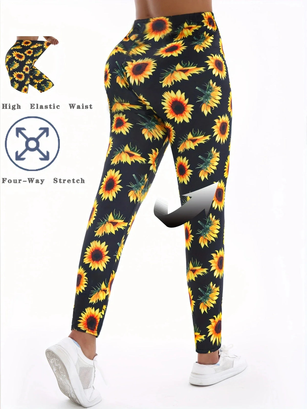 Sunflower Printed Leggings - High-Stretch Denim Style Pants for Fitness, Yoga & Casual Wear