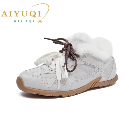 AIYUQI Women's Genuine Leather Sneakers – Retro German Trainers, Winter Velvet Fur, Flat Casual Shoes