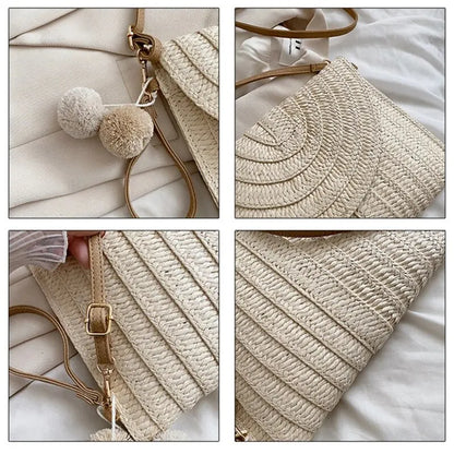 Handmade Straw Beach Bag – Small Woven Summer Shoulder Crossbody Clutch with Hair Ball