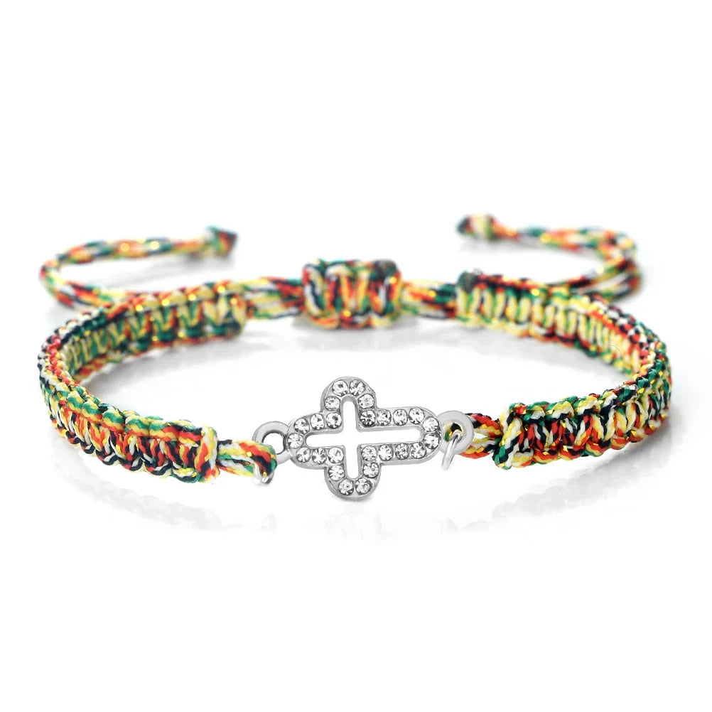 Crystal Hollow Cross Bracelet - Braided Prayer Healing Bangle Jewelry Gift for Women & Yoga Lovers