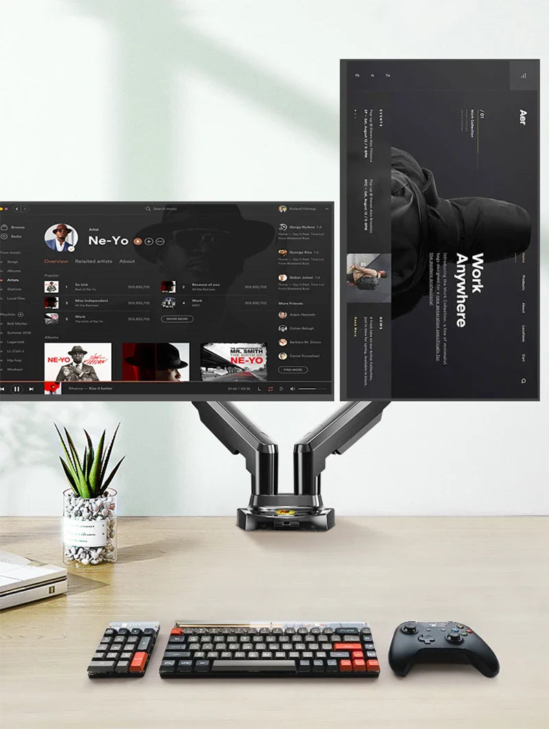 Desktop Dual Arm Gas Spring Monitor Holder + Laptop Stand | NB F160 + FP-2 | 17"-27" Monitor, 10"-17" Laptop Support | Air Press Mount Stand