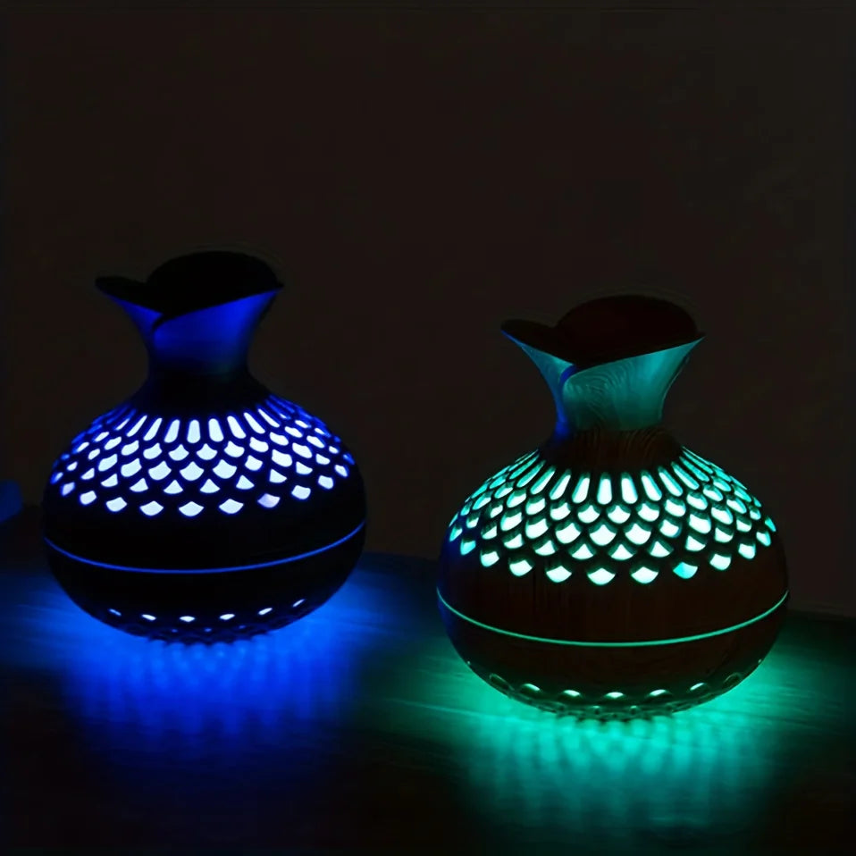 300ml Wooden Vase Cool Mist Humidifier: Colorful Light Aromatherapy Oil Diffuser - USB Mini Air Humidificador