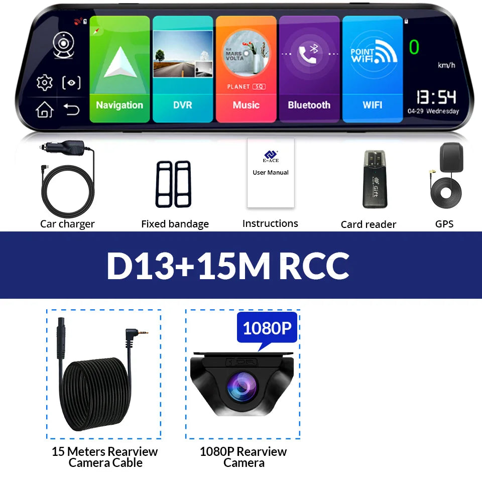 E-ACE 10'' 4G Android Dash Cam – FHD 1080P Dual Lens Rearview Mirror DVR with ADAS & Streaming