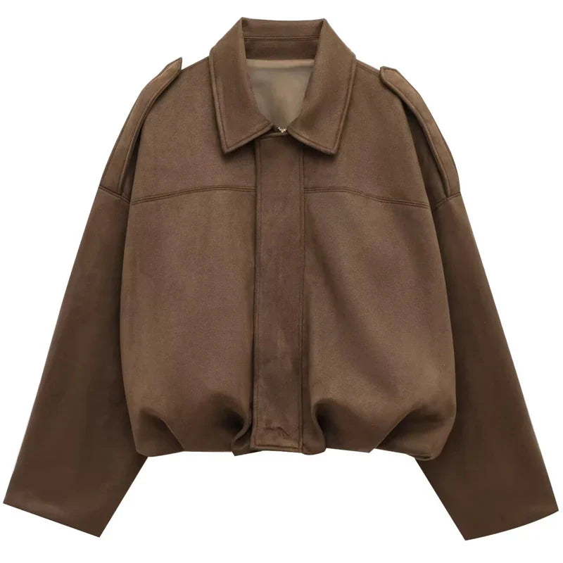 HXAO Women's Oversized Suede Cropped Bomber Jacket – Casual Batwing Sleeve Streetwear Coat