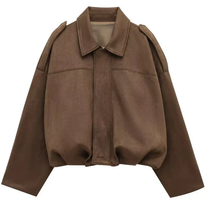 HXAO Women's Oversized Suede Cropped Bomber Jacket – Casual Batwing Sleeve Streetwear Coat