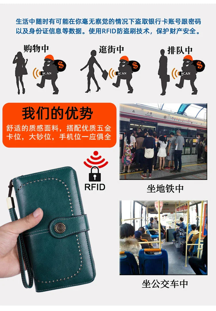RFID Anti-Theft Retro Large Capacity Women's Wallet – Multi-Card Zipper Wallet with Wrist Strap