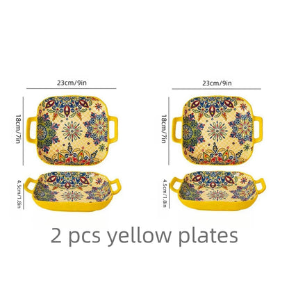 9-Inch Bohemian Style Ceramic Salad Plate with Double Ears — Oven & Microwave Safe Pasta Dish