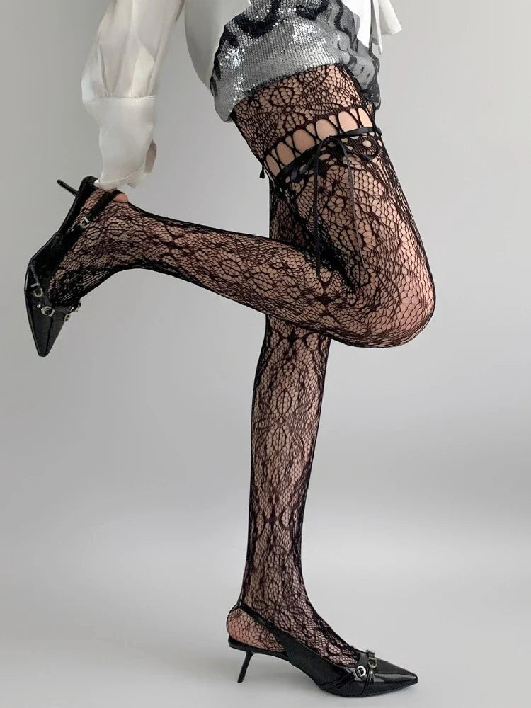 New Beige Mesh Tights for Women – Sexy See-Through Fishnet Stockings with Bow Tie Strap & Lace Pantyhose