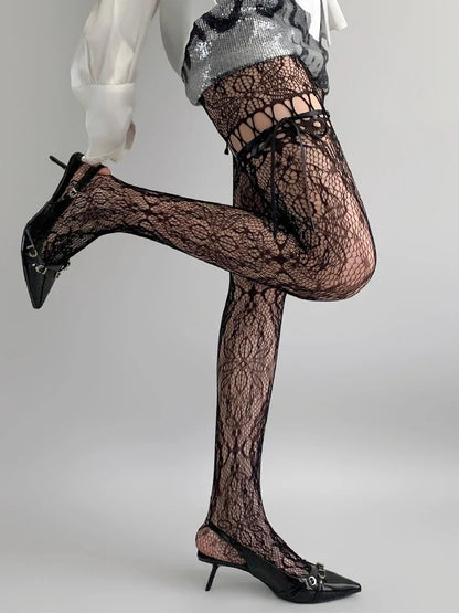 New Beige Mesh Tights for Women – Sexy See-Through Fishnet Stockings with Bow Tie Strap & Lace Pantyhose