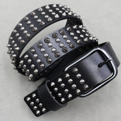 Men’s Designer Rivet Belt – Genuine Cowhide Leather Punk Rock Pin Belt for Jeans, Luxury Black Leather Belt