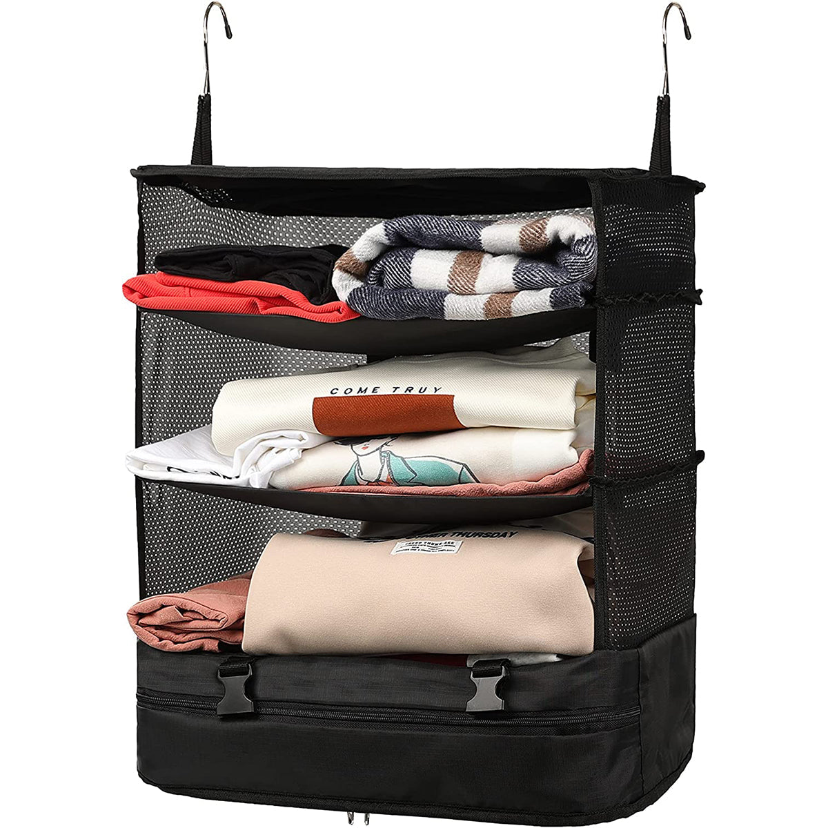 Portable Travel Luggage Organizer – 3-Shelf Collapsible Hanging Closet & Packing Cube Storage Bag