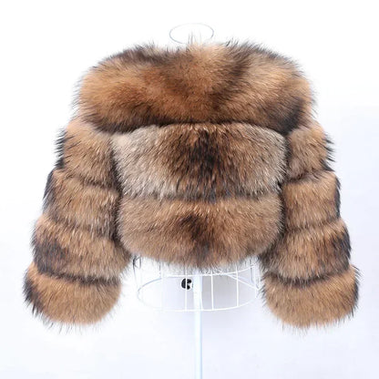 2025 Maomaokong Women’s Real Fur Coat – Natural Raccoon & Fox Fur Jacket with Hood, Warm Winter Outerwear