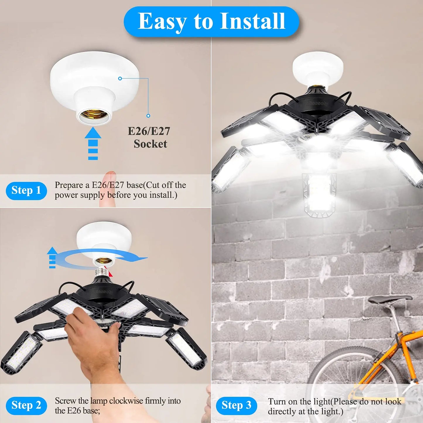 LED Garage Lights: 10 Adjustable Panels E26/E27 Ceiling Shop Work Lamp - 80W 150W 6500K Bulb for Industrial Workshop Lighting