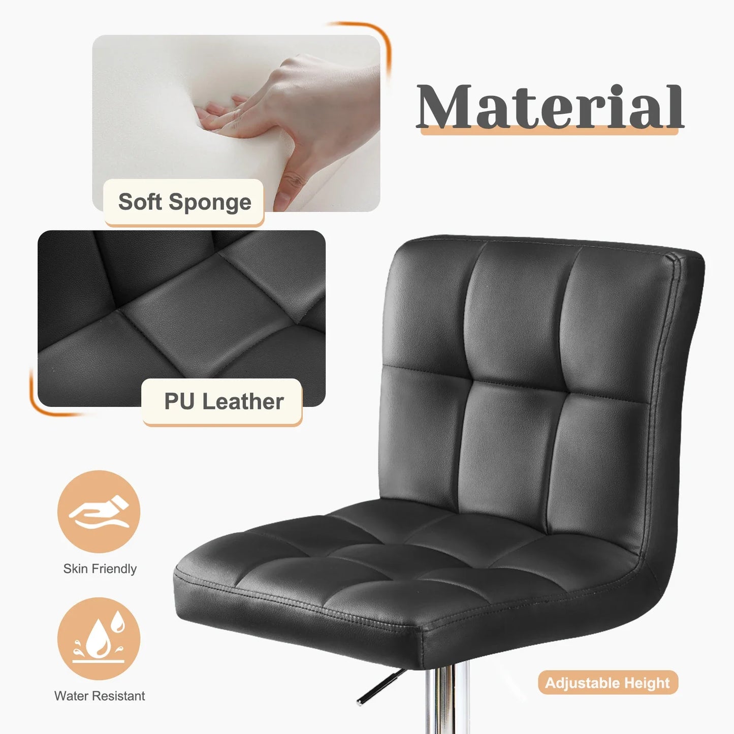 PU Leather Bar Stools Set of 2 – Upholstered Counter Height Stools with Comfortable Backrest, SGS Certified Gas Cylinder