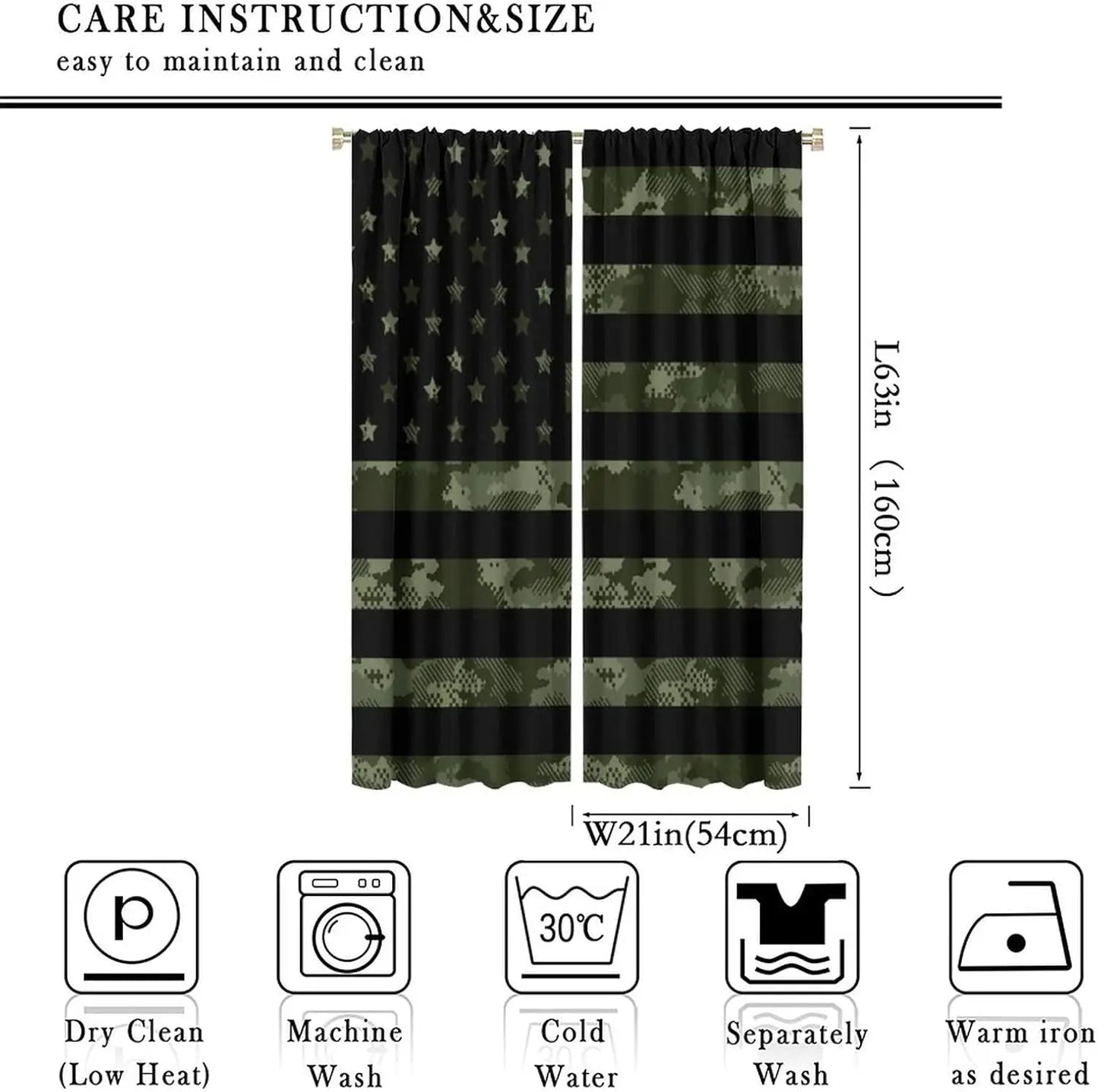 Flag Blackout Curtains – Rustic Green Camo Military USA Flag with Vintage Black Stripes and Thermal Insulation