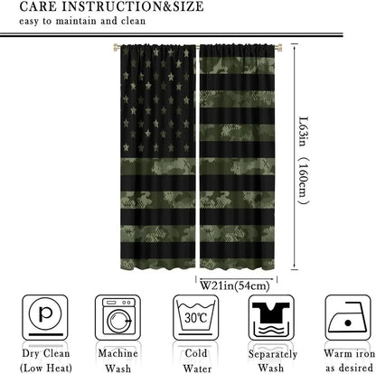 Flag Blackout Curtains – Rustic Green Camo Military USA Flag with Vintage Black Stripes and Thermal Insulation