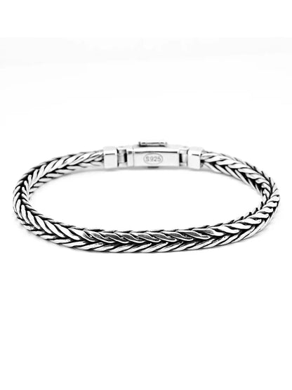 100% S925 Sterling Silver Handmade Woven Bracelet — Retro Domineering Style for Men & Women, Pure Silver Jewelry