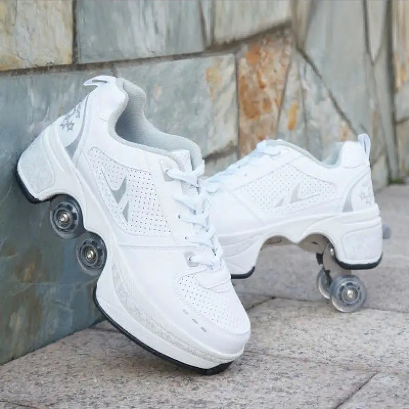 Dual Purpose Roller Skates Shoes - Adjustable Double Row 4-Wheel Deformation Roller Sneakers for Kids & Teens Size 33-44