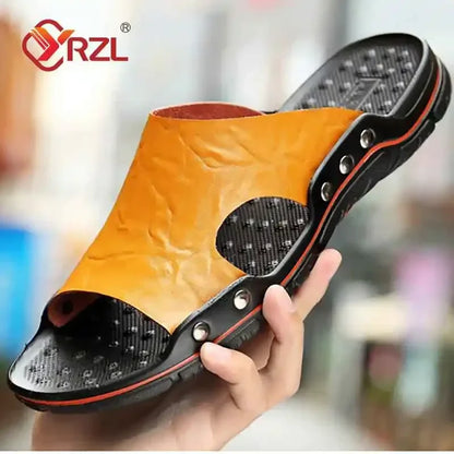 YRZL Men’s PU Leather Sandals – Classic Summer Slippers, Soft Black Lightweight EVA Slides, Big Sizes