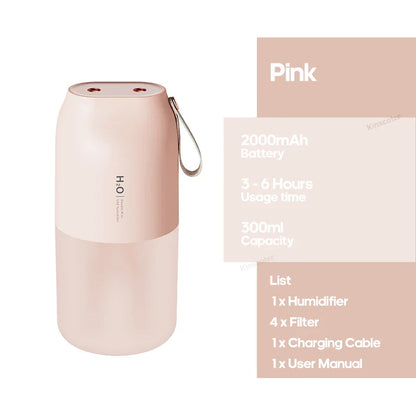 KINSCOTER Portable Double Mist Air Humidifier – 300ml Cold Mist Diffuser, 2000mAh Car Air Purifier & USB Mini Air Freshener